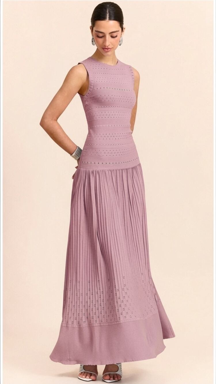 Commense Dusty Mauve Pleated Knit Eyelet Maxi Dress Sleeveless L Soft Luxury